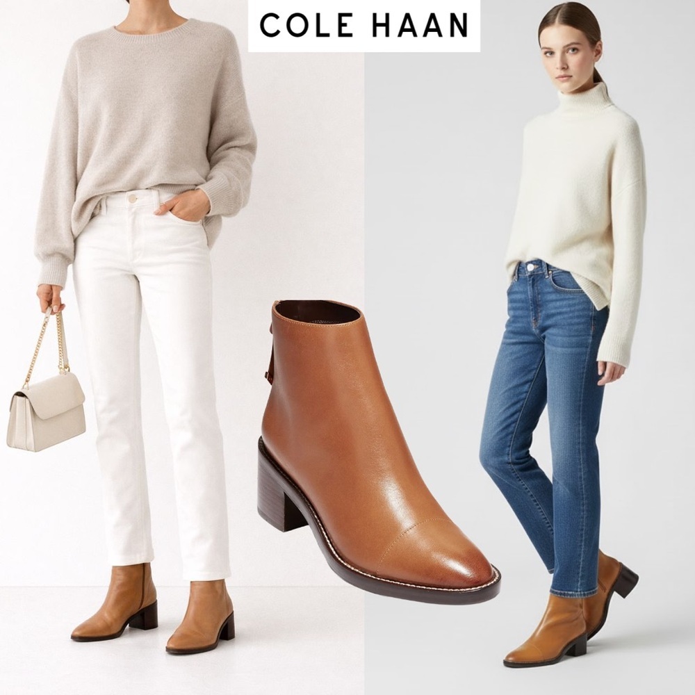 Cole Haan Winnie Grand Waterproof Leather Booties Block Heel Boots Camel Tan 7